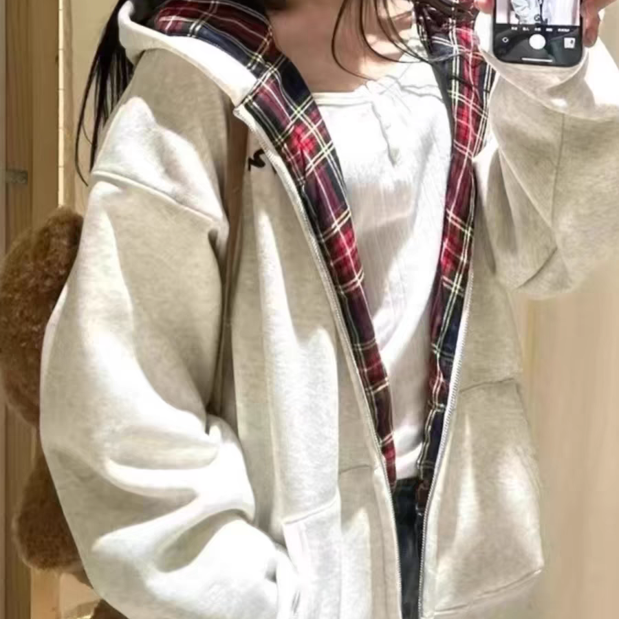 NOHASHTAG美式复古格子连帽卫衣少女春秋薄款外套宽松开衫上衣