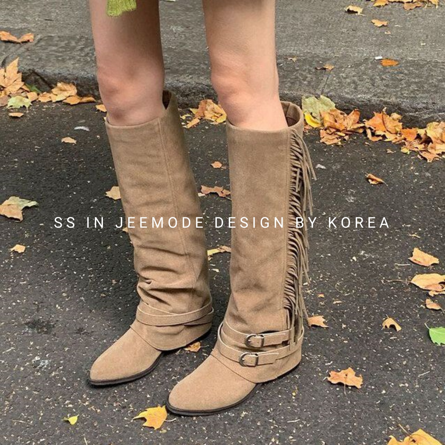 欧美风复古流苏双皮带扣西部长靴