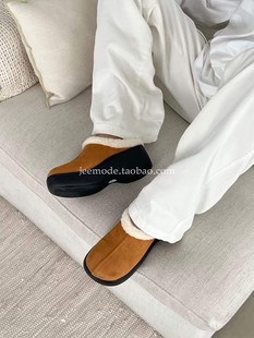 小池在首尔2024年冬季 女 韩国休闲风圆头厚底绒面毛毛保暖包头拖鞋