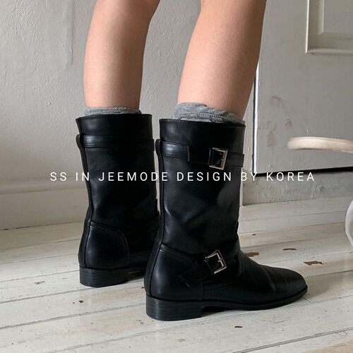 韩系简约双皮带扣圆头休闲中筒靴