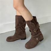 小池在首尔24年秋冬新款 圆头方跟皮带扣骑士机车中筒绒面韩版 女靴