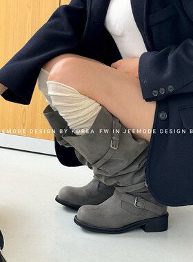 韩版灰增高粗跟皮带扣高筒女靴