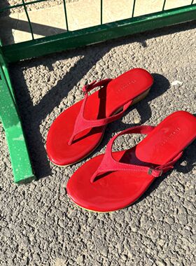 小池在首尔25年夏季新款红色人字拖外穿坡跟简约舒适时尚夹趾拖鞋