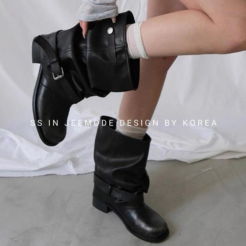 复古做旧褶皱皮带扣堆堆靴短靴女