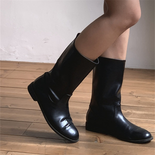 小池在首尔简约拼接直筒靴24年秋季 圆头低跟套筒中筒休闲女靴子