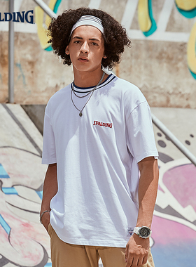 斯伯丁纯棉撞色领运动风刺绣logo圆领T恤特别款男女款LAW00TS001