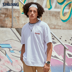 斯伯丁纯棉撞色领运动风刺绣logo圆领T恤特别款 LAW00TS001 男女款