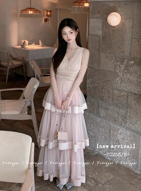 YETINGXI 初代千金/重工超大摆韩系高腰古早蛋糕网纱缎面拼接长裙
