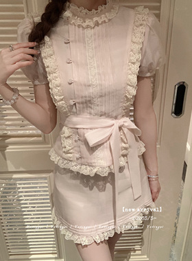 YETINGXI【上新日95折】原创15米仿法蕾重工捏褶日系上衣天丝套装