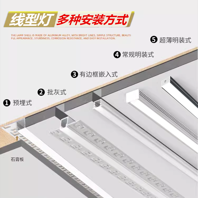 led线条灯石膏板吊顶嵌入式条形灯明装线条灯预埋批灰吸顶线性灯