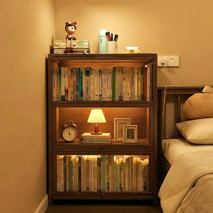 实木书柜床头书架家用卧室展示柜储物柜一体靠墙防尘带柜门收纳柜