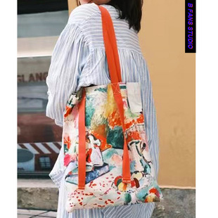 新品 撞色单肩帆布袋艺术印花布包 马蒂斯糖果色