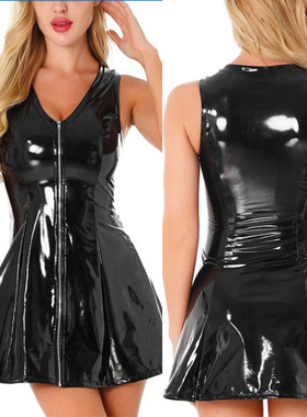 V领黑色仿皮连衣裙前开拉链高弹连衣短裙无袖性感PU皮裙A字超短裙