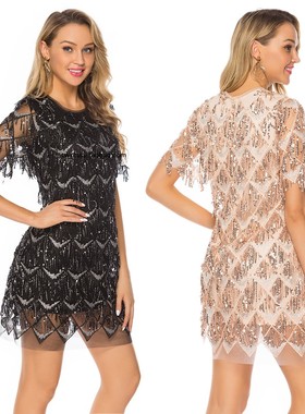 黑色流苏亮片性感宽松圆领短袖连衣裙 百搭修身微透派对聚会短裙