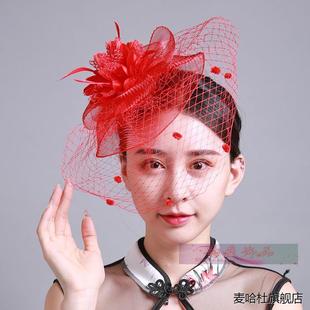 欧美复古手工花朵新娘结婚网纱头花发饰 黑白红色遮眼面纱头饰品