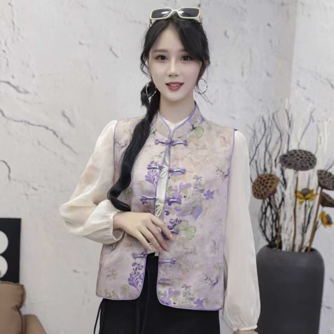 新中式国风马夹女2025年春秋新款立领缎面印花坎肩马甲无袖外套