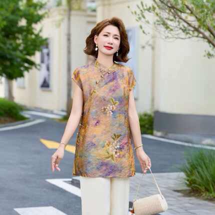 欧若新中式风精致提花无袖上衣女夏装洋气显瘦百搭中长款妈妈装
