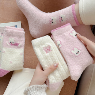 粉色厚袜子女冬季 加厚加绒保暖中筒袜2025可爱卡通睡眠月子长筒袜