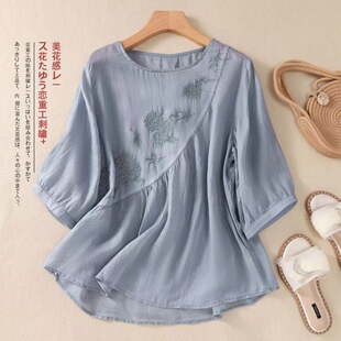 Slimming Summer Top Embroidered Women Chinese文艺小衫 Loose