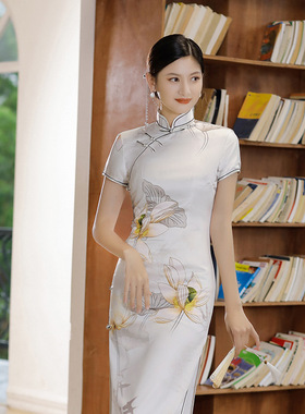 cheongsam long qipao dress chipao2022夏秋新款旗袍长裙绸缎
