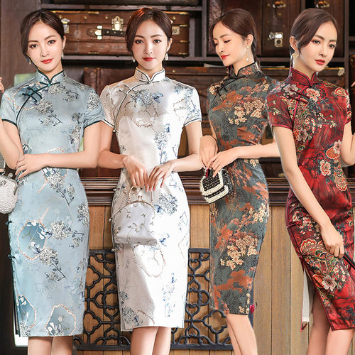 Chinese traditional dress cheongsam 春夏新款绸缎国风旗袍双层