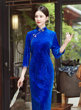 cheongsam qipao dress chipao2025秋冬新款丝绒提花旗袍国风
