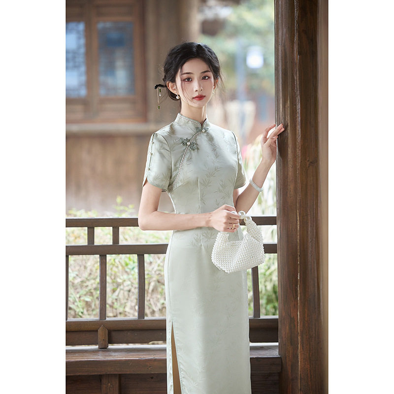 chinese dress cheongsam women qipao新款提花旗袍绿色短袖长款