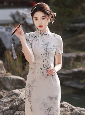 Dress cheongsam Qipao Chipao新品长款国风旗袍双层竹节麻连衣裙