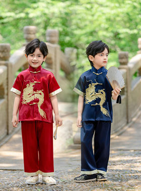 Boys Tang Suit Kongfu Dragon New新款夏装儿童唐装国风男孩套装