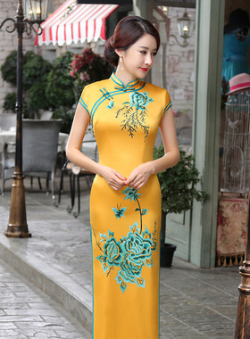 Cheongsam Chipao新款中式旗袍长款秋季日常改良优雅修身显瘦短袖