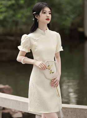 qipao cheongsam women vestidos chinese dresses旗袍米白色国风