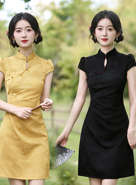 qipao cheongsam chinese traditional dress chipao旗袍黄色黑色