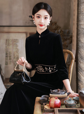 cheongsam chinese traditional qipao dress旗袍绣花黑色丝绒