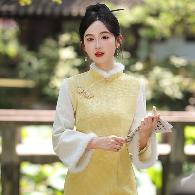 Long High-End Cheongsam Women Traditional Gown旗袍黄色长袖