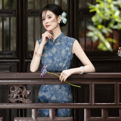 chinese traditional dress cheongsam qipao chipao复古蓝色旗袍