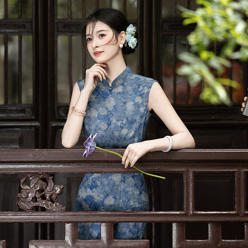 chinese traditional dress cheongsam qipao chipao复古蓝色旗袍