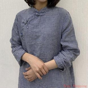 women cotton Linen Dress Chinese细格亚麻袍 女色织亚麻格子改