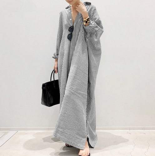 women dress new dresses vestidos robe翻领/polo领条纹气质通勤