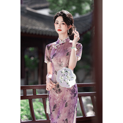 chinese dress cheongsam women qipao紫色旗袍新款高端改良国风