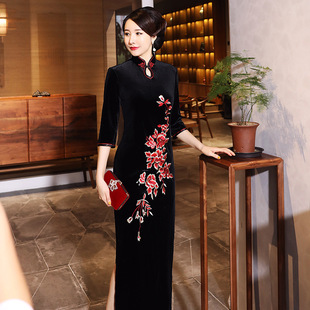 Cheongsam Qipao Dress Chipao新款旗袍金丝绒复古改良绣花长款