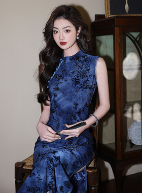 qipao cheongsam women vestidos chinese dresses旗袍蓝色无袖