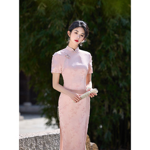 chinese women cheongsam 粉色短袖 长款 dress提花旗袍新款 qipao
