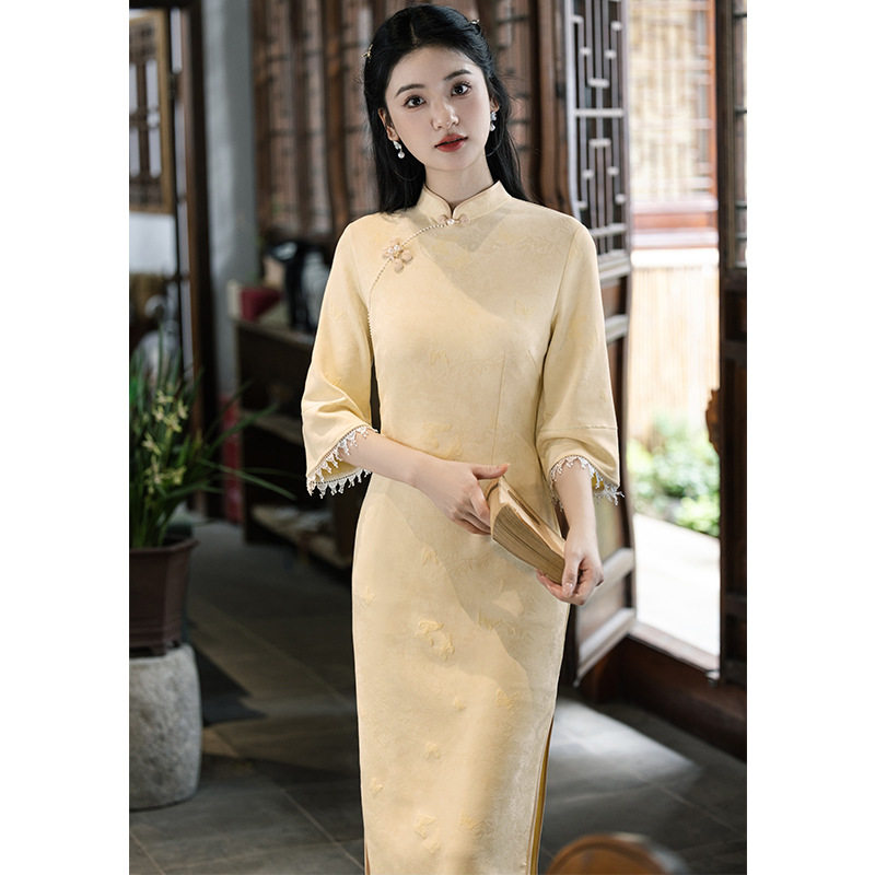 qipao cheongsam women chinese dress新款麂皮绒旗袍连衣裙七分