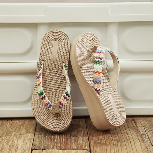 sandals women slippers slides flip flops新款仿草编坡跟人字拖