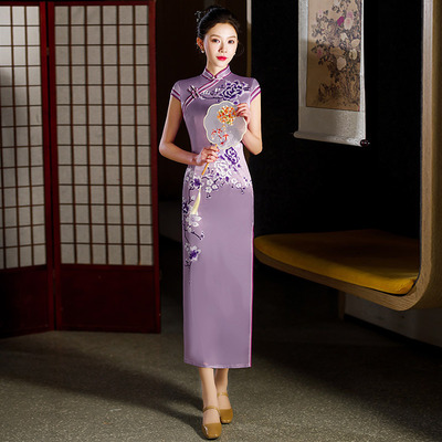 cheongsam chinese traditional qipao dress旗袍定位花双层长款