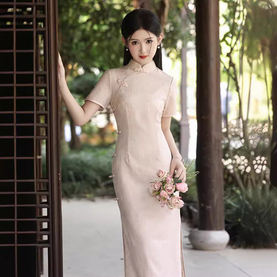 旗袍cheongsam chinese traditional qipao dress粉色蕾丝改良
