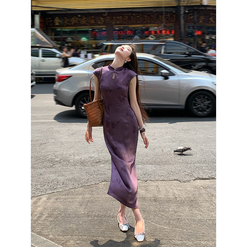 紫色缎面旗袍日常可穿