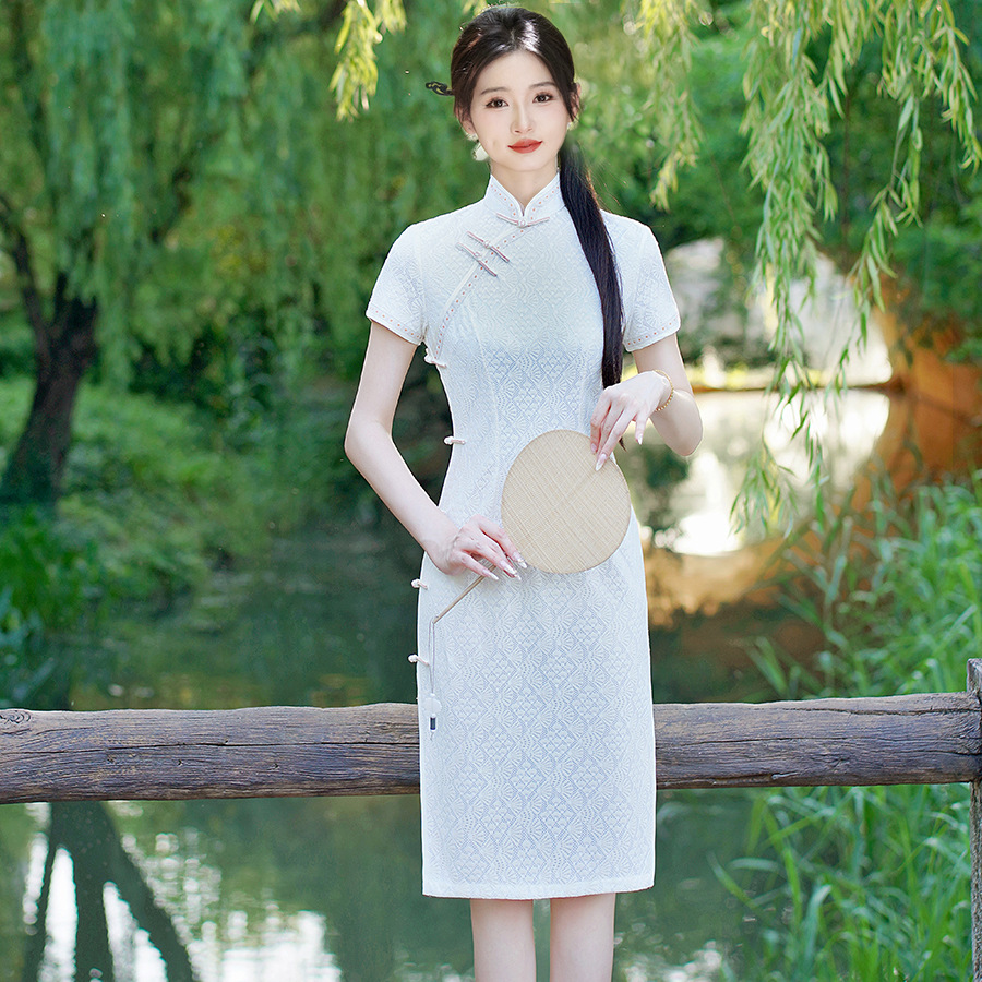 Qipao Chinese Dress Chipao民国风2025春夏新款短款旗袍蕾丝