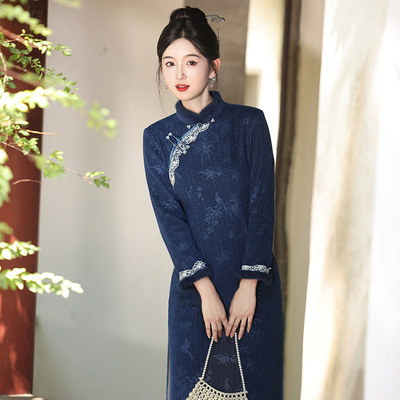 Long High-End Cheongsam Women Traditional Gown旗袍秋冬新款