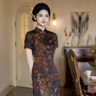 Chinese Dress Cheongsam Women Qipao新中式改良华尔缎短袖旗袍